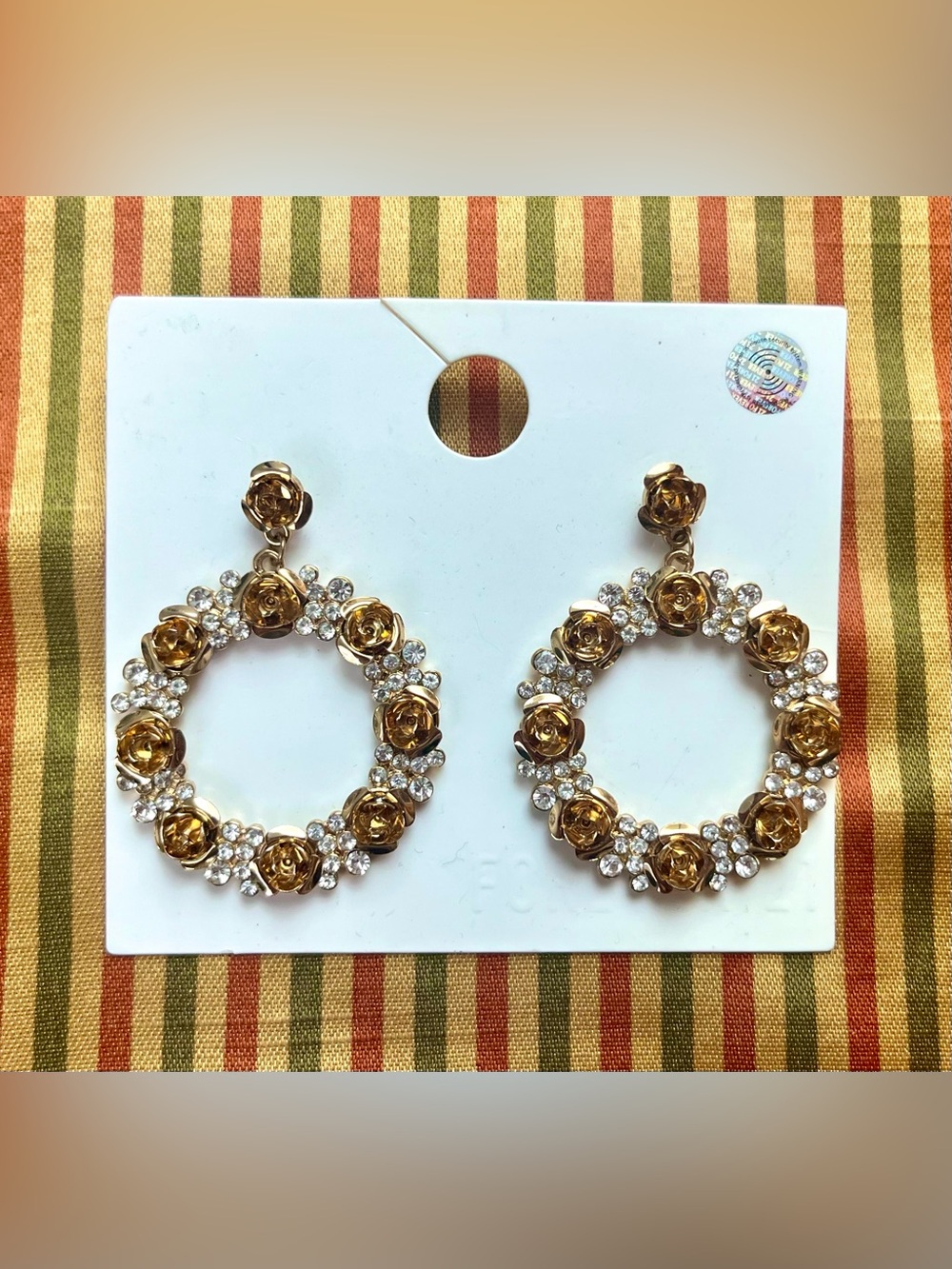 Forever 21 Gold Tone Rose Crystal Statement Hoop Dangle Earrings Rhinestone